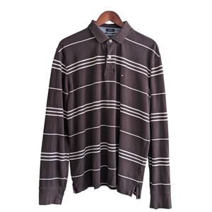 Tommy Hilfiger Polo Shirt Mens XL Long Sleeve Striped Mocha White Classic Preppy